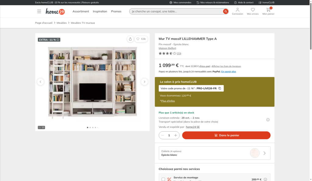 Page produit Home24 : mur TV Lillehammer à 1 099,99 € TTC