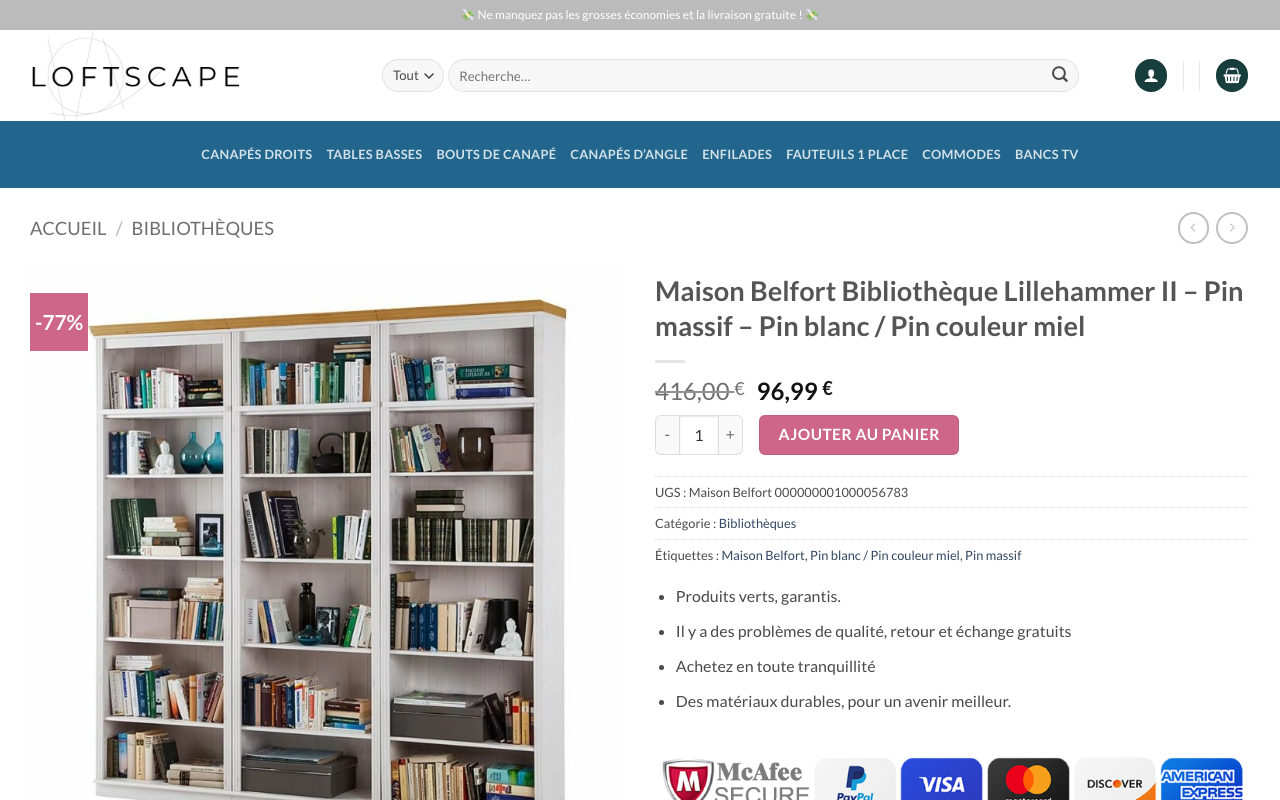 Page produit loftscapeboutique.com : bibliothèque Maison Belfort Lillehammer II à 96,99 € au lieu de 416 €, badge −77 %.