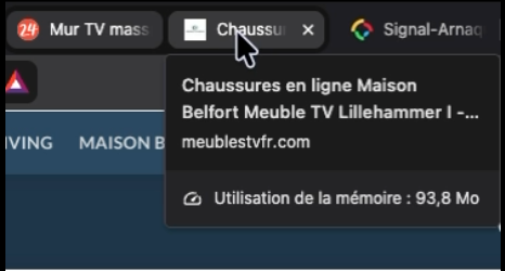 Mes deux onglets Chrome côte à côte : « Mur TV massif LILLEHAMM… » chez Home24, et « Chaussures en ligne Maison Belfort Meuble TV Lillehammer I » chez meublestvfr.com. Cherchez l’erreur.