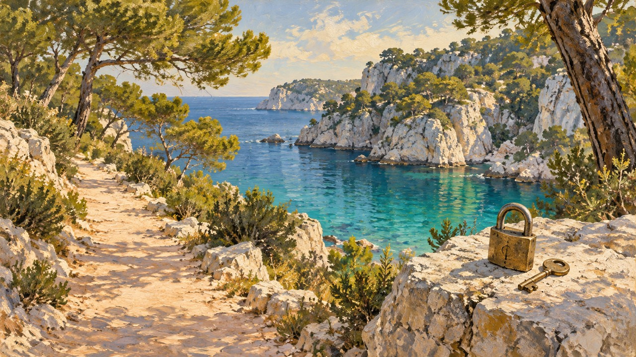 Peinture d’un sentier inspiré de la calanque de Port-Pin, à Cassis : un cadenas fermé et sa clé reposent sur une pierre, entre les pins et la mer turquoise.
