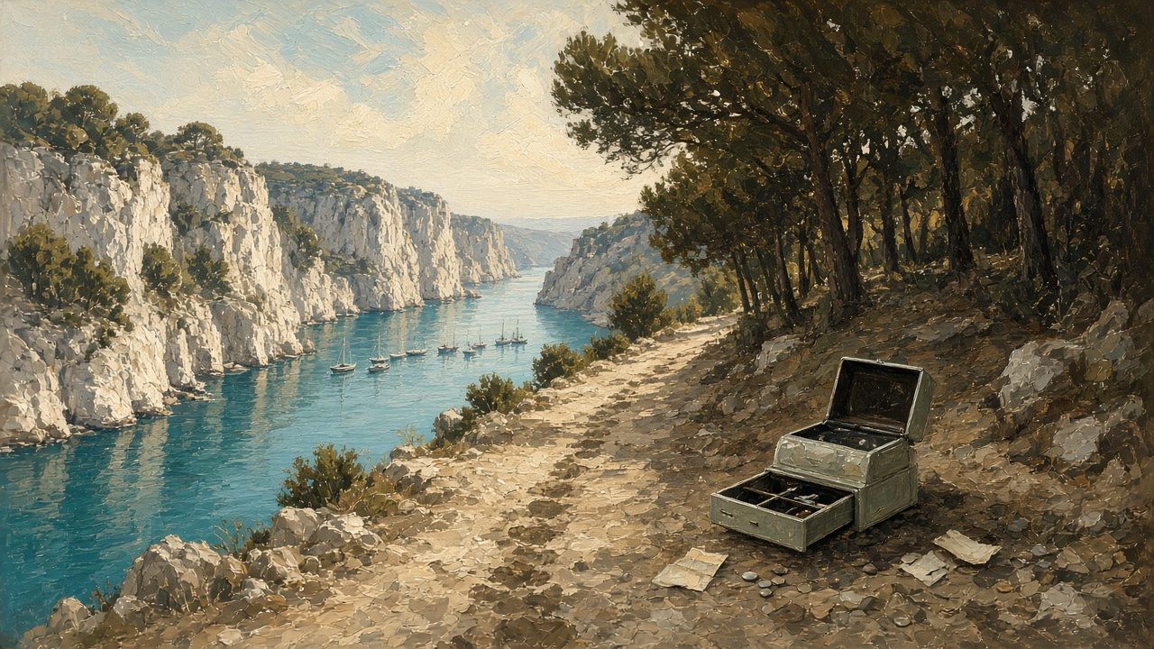 Peinture d’un sentier côtier inspiré de la calanque de Port-Miou, à Cassis : un tiroir-caisse vide abandonné sur le chemin, quelques papiers épars, au-dessus des voiliers au mouillage.
