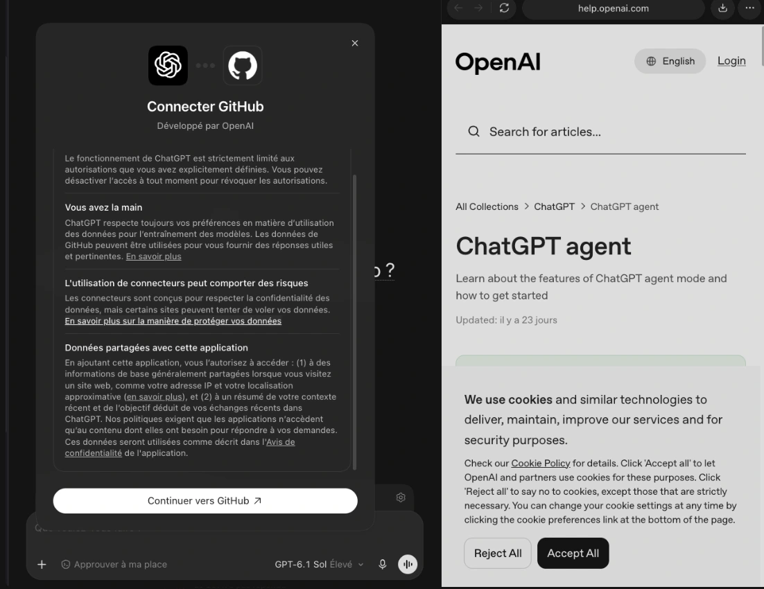 Capture du 9 octobre 2026 : à gauche, la fenêtre de connexion à GitHub dans l’assistant ; à droite, la documentation OpenAI sur les agents.