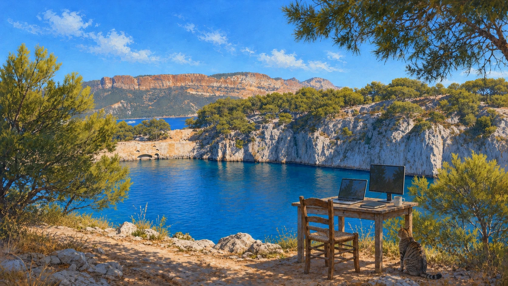 Peinture d’une calanque au soleil. Sous les pins, un bureau en bois avec un portable, un écran et une tasse, une chaise paillée et un chat tigré.